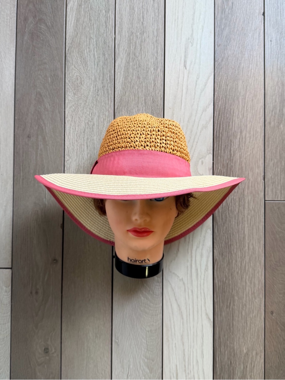 Halogen Wide Brim Sun Hat with Pink Trim and Natural Weave